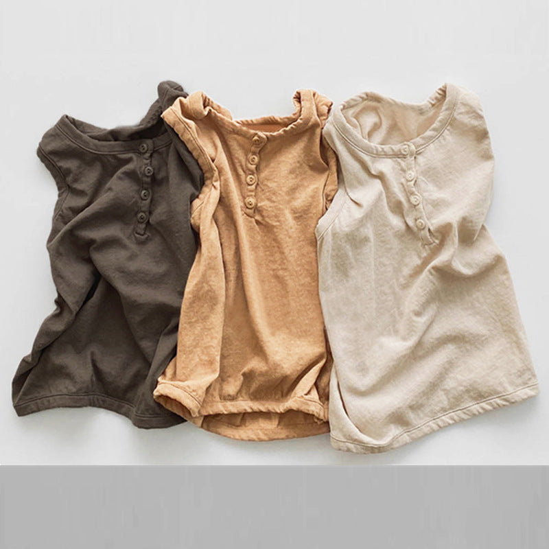 Camiseta Sin Mangas de Algodón con Botones y Cuello Redondo para Niños — Estilo Coreano