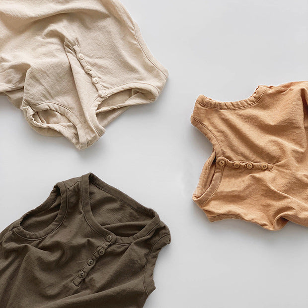 Camiseta Sin Mangas de Algodón con Botones y Cuello Redondo para Niños — Estilo Coreano