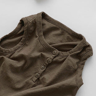 Camiseta Sin Mangas de Algodón con Botones y Cuello Redondo para Niños — Estilo Coreano