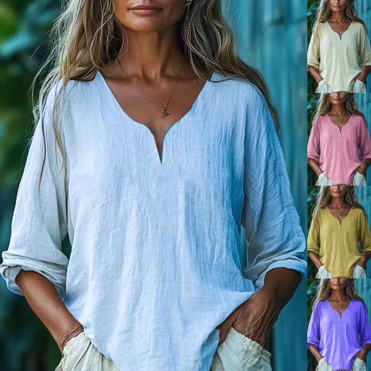 Top de mujer informal holgado de manga larga con cuello en V, de algodón y lino, color liso.