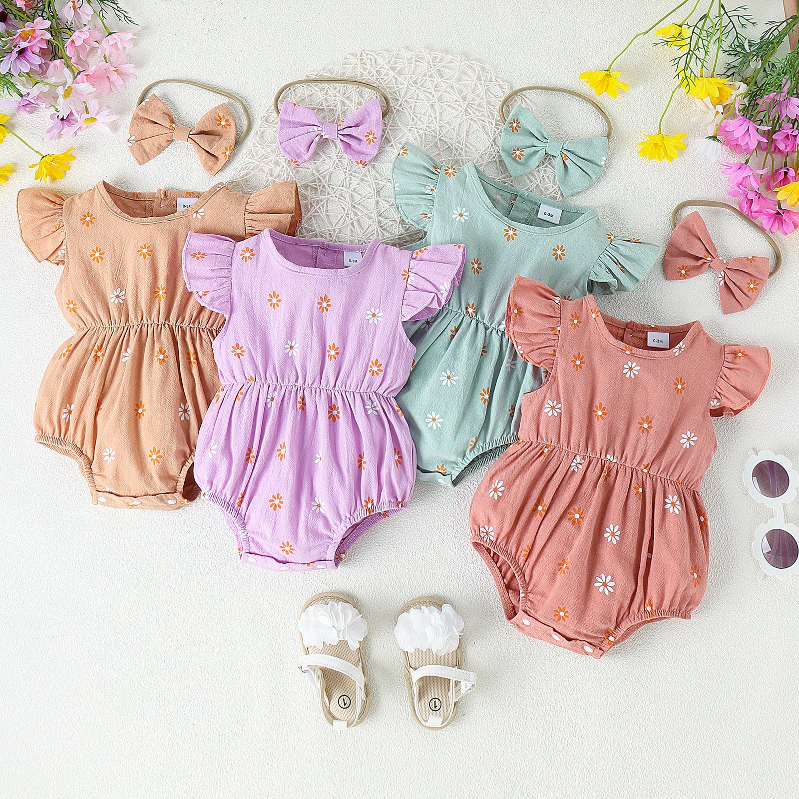 Mono Estampado Multicolor para Bebé con Tocado de Lazo — Algodón
