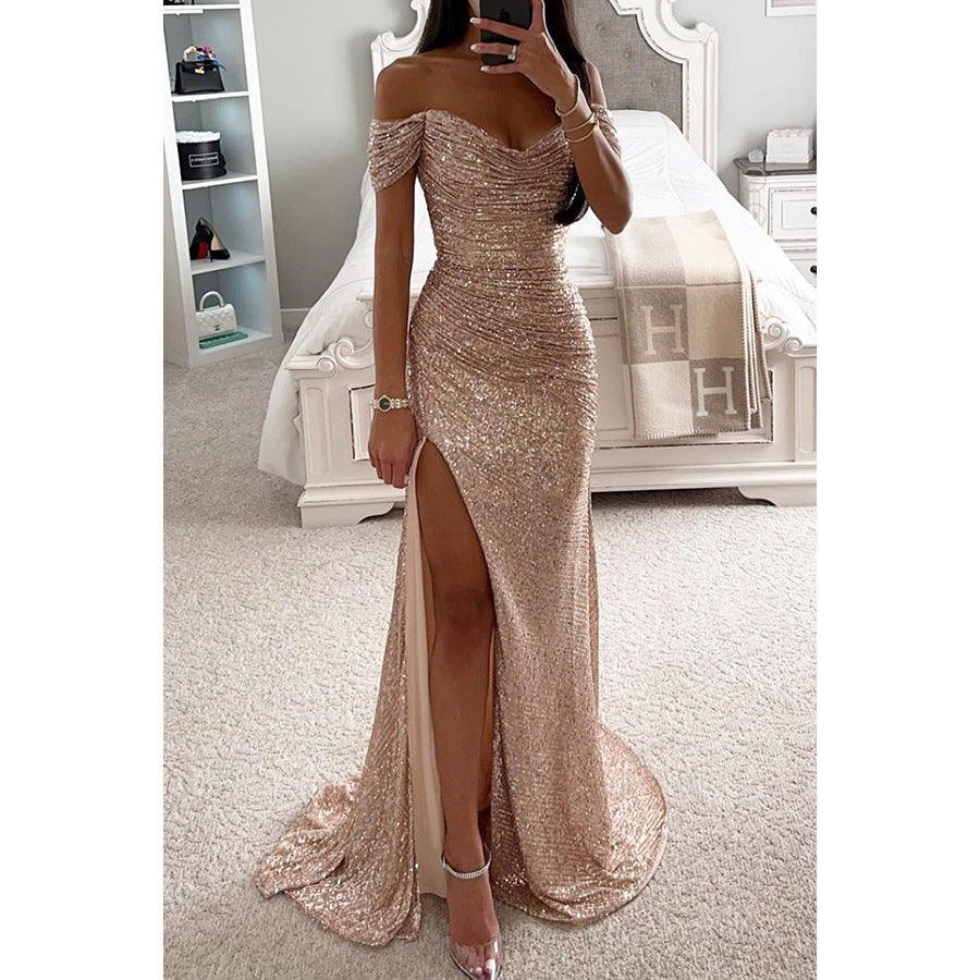 Vestido de Fiesta con Lentejuelas Escote Descubierto Mujer