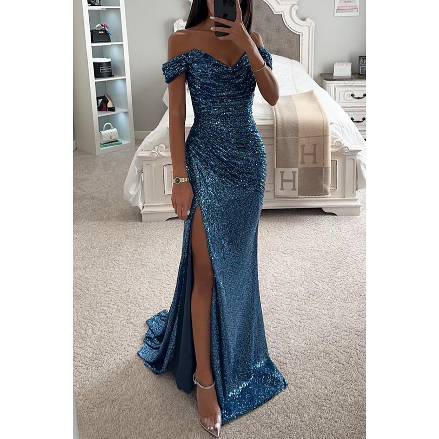 Vestido de Fiesta con Lentejuelas Escote Descubierto Mujer