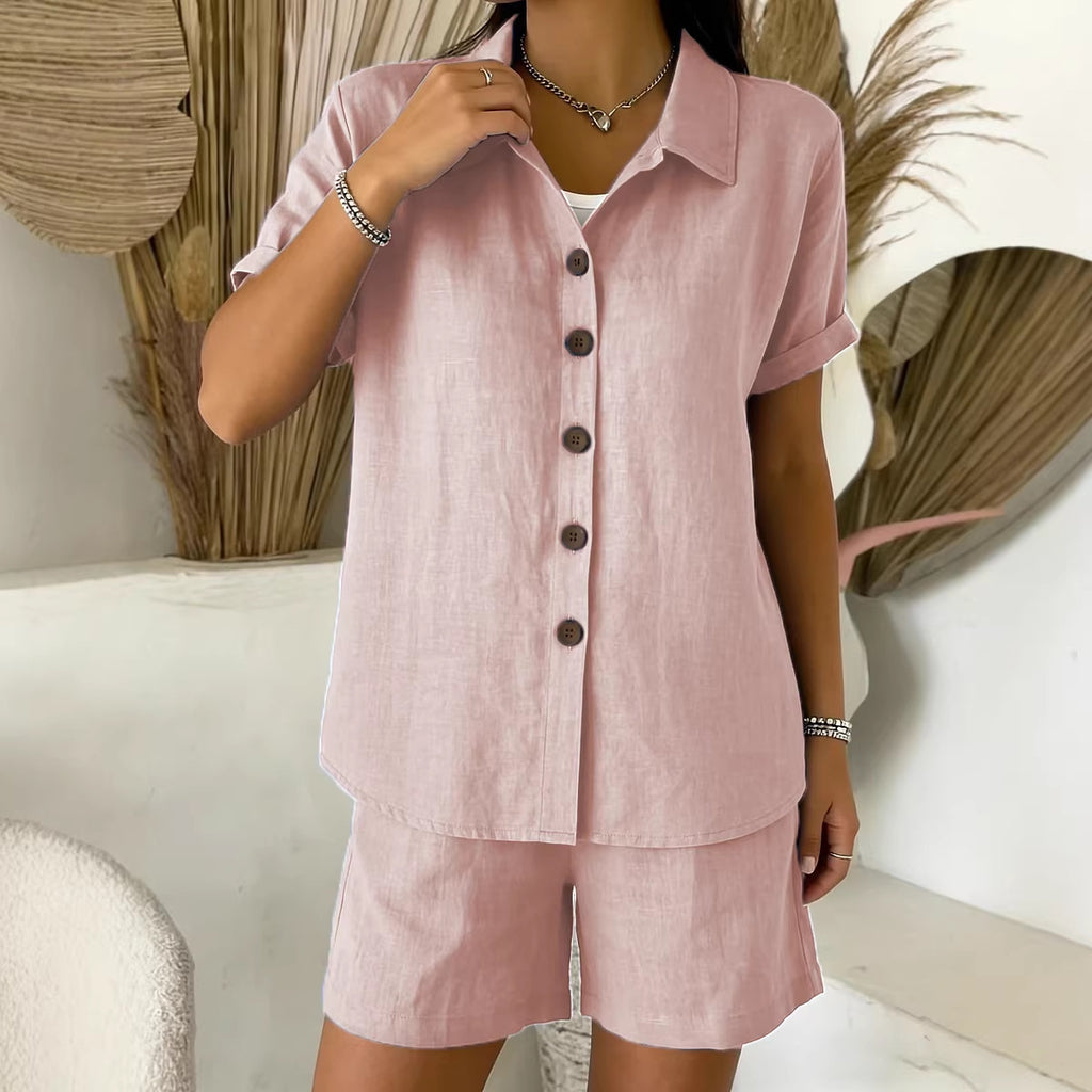 Women's Cotton Linen Button Down Short Sleeve Casual Shirt Set