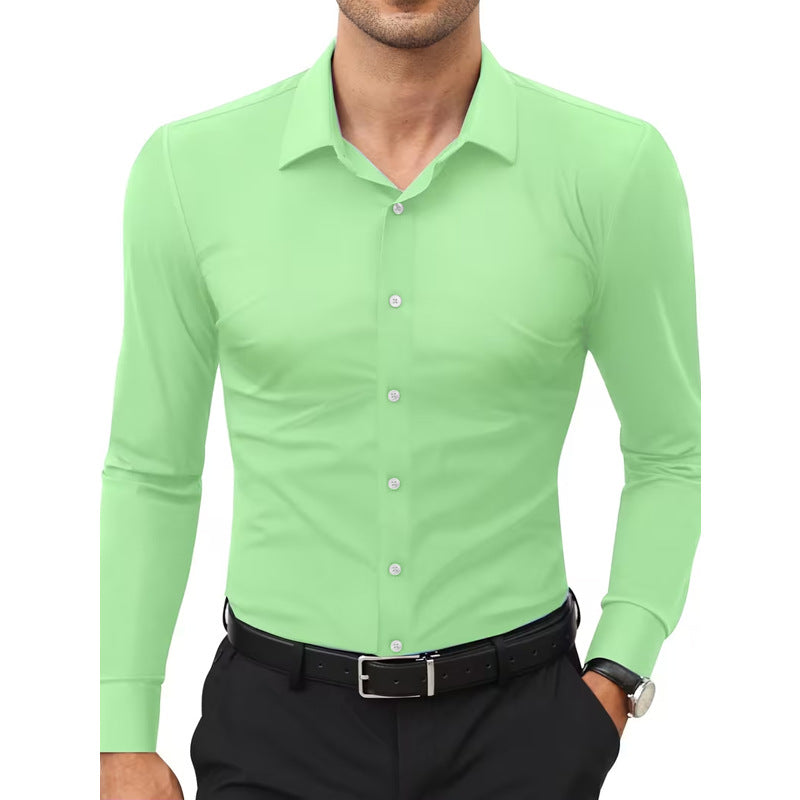 Camisa blanca elástica de manga larga con botones para hombre, tallas grandes.