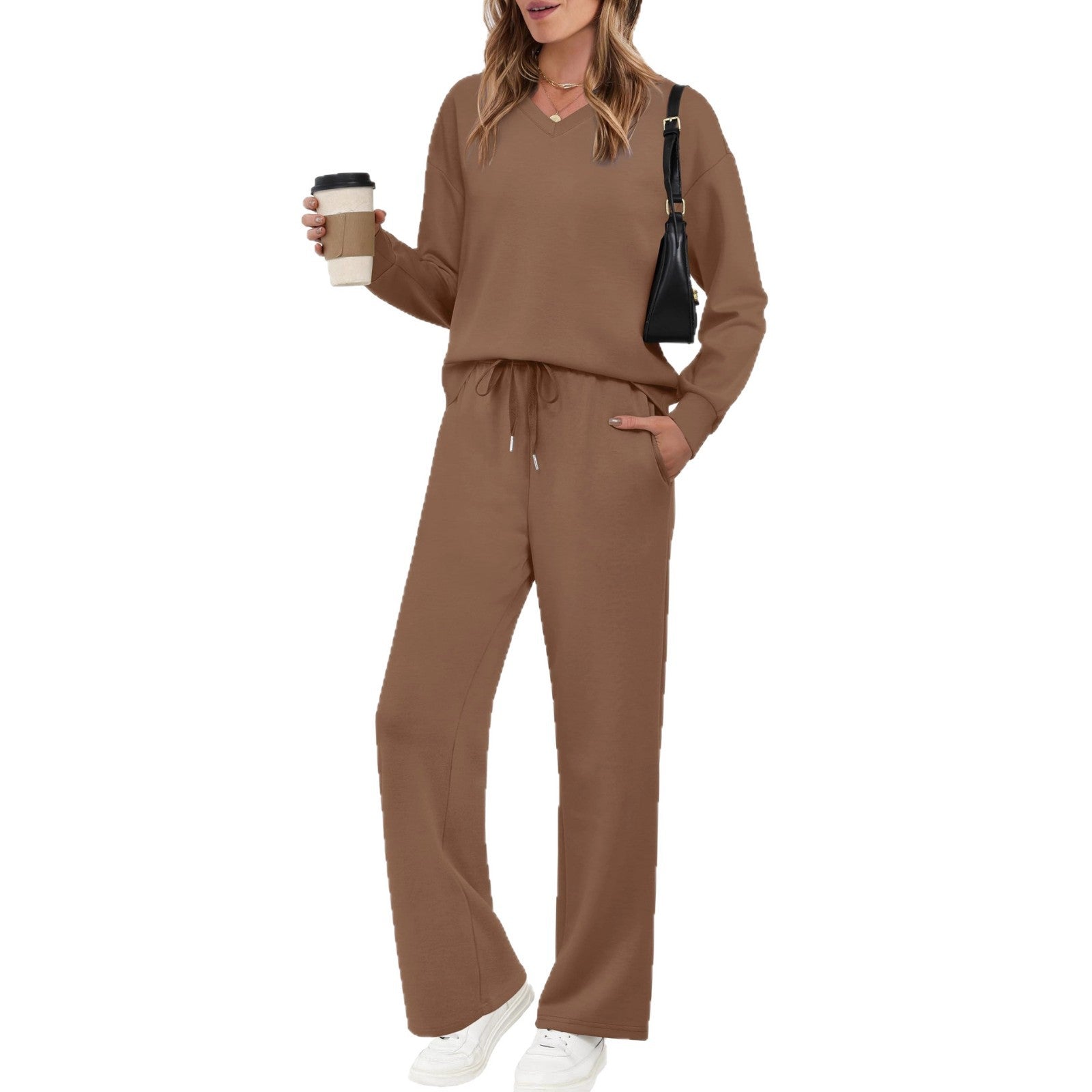 Conjunto de pantalón casual de color liso con cordón y manga larga