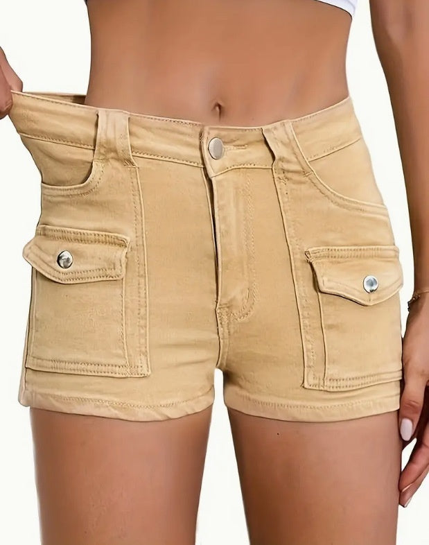 Pantalones cortos vaqueros elásticos multibolsillos para mujer