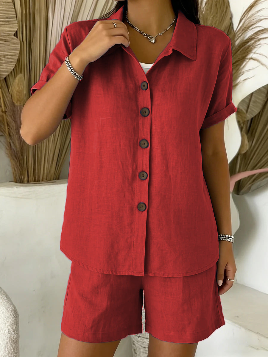 Conjunto de camisa informal de manga corta para mujer — algodón y lino con botones