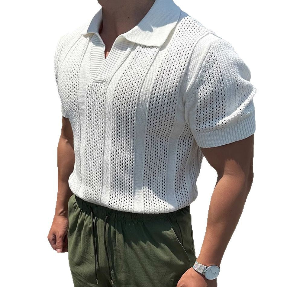 Polo de seda helada calada para hombre con cuello de solapa