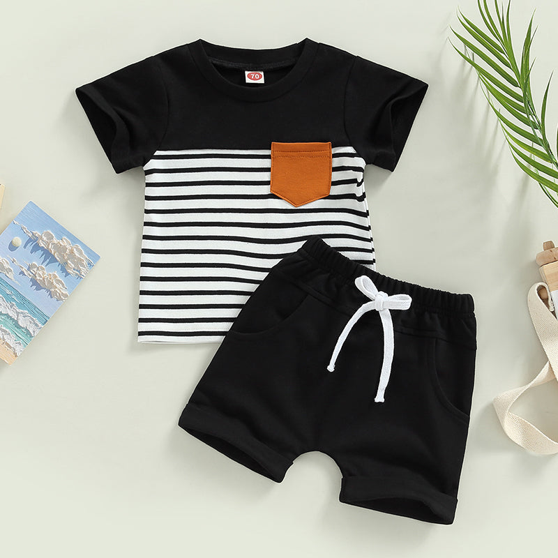Camiseta de Manga Corta a Rayas de Algodón con Bolsillo para Niño — Estilo Casual