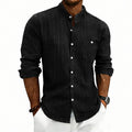 Camisa informal de manga larga con cuello alto y estampado jacquard de lino a rayas, corte holgado.