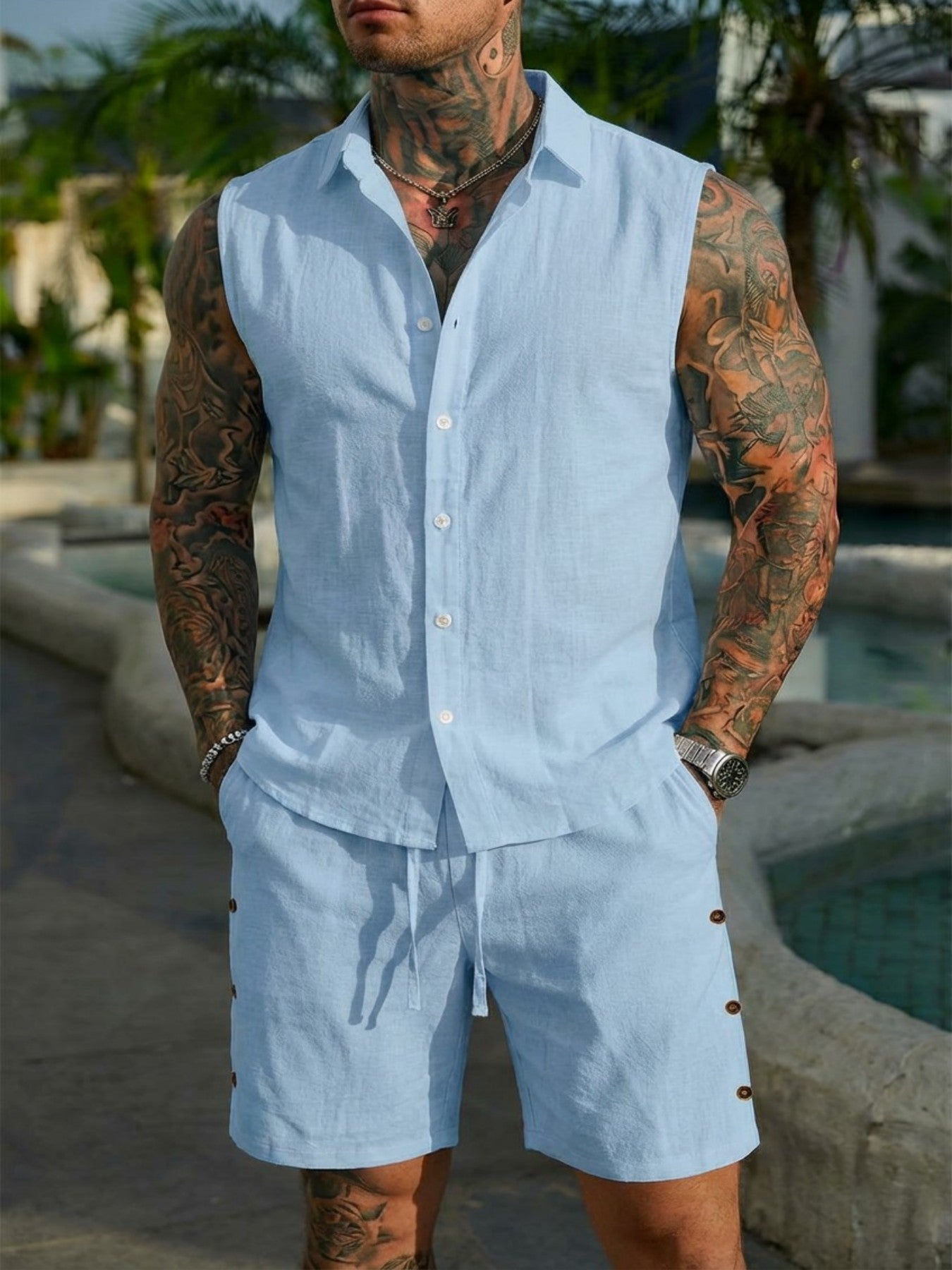 Conjunto fresco de lino para hombre — camisa manga corta y shorts