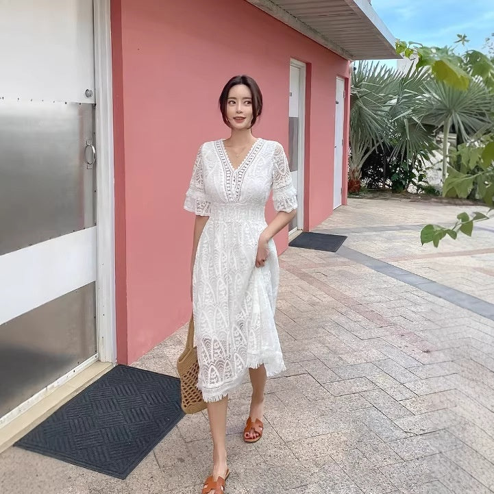 Vestido Blanco de Encaje Cintura Alta Mujer