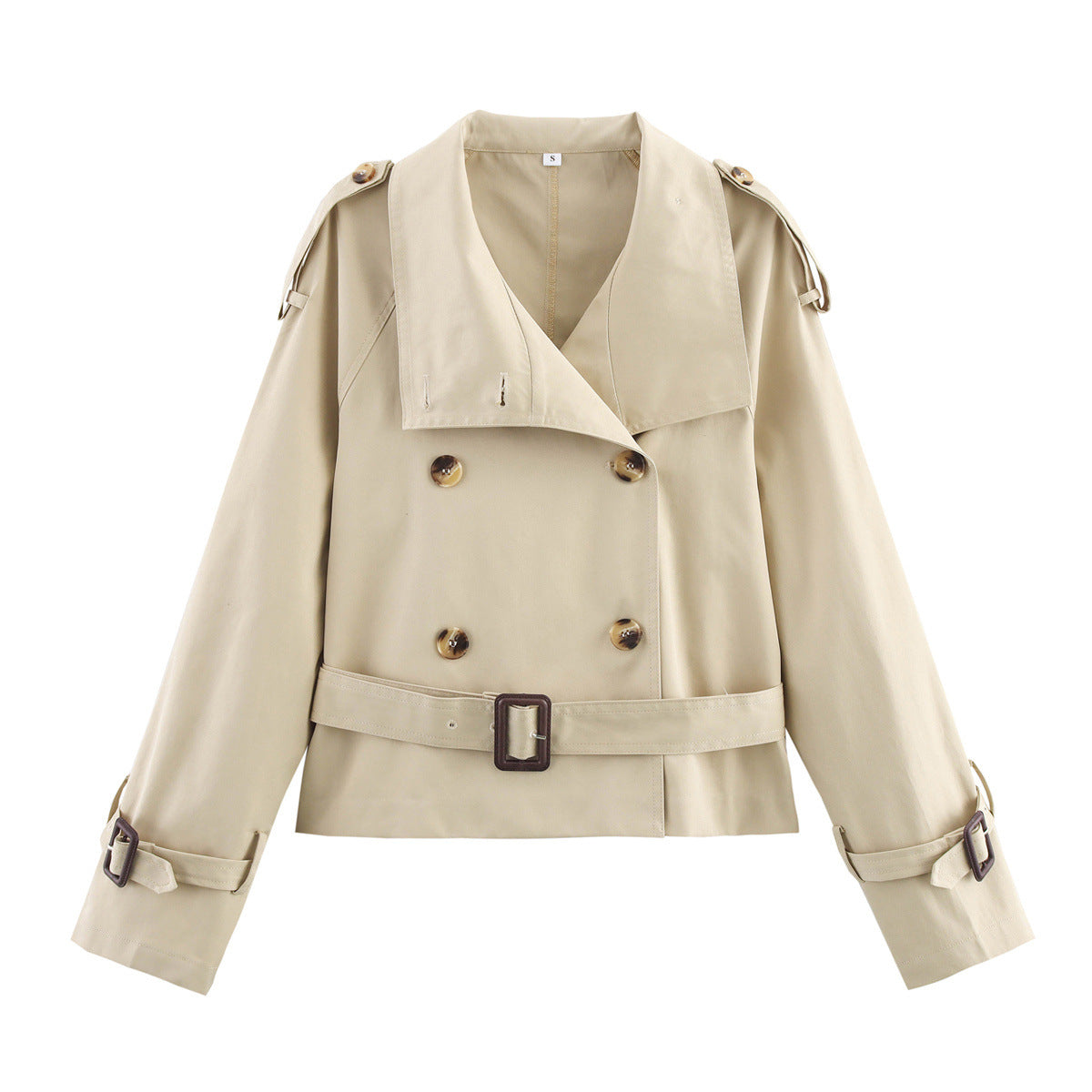 Gabardina corta para mujer con cuello de solapa y detalle de hebilla de cinturón.