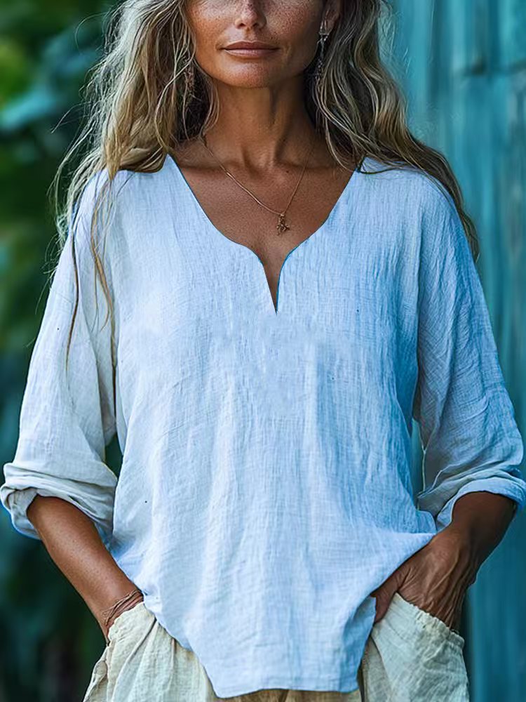 Top de mujer informal holgado de manga larga con cuello en V, de algodón y lino, color liso.