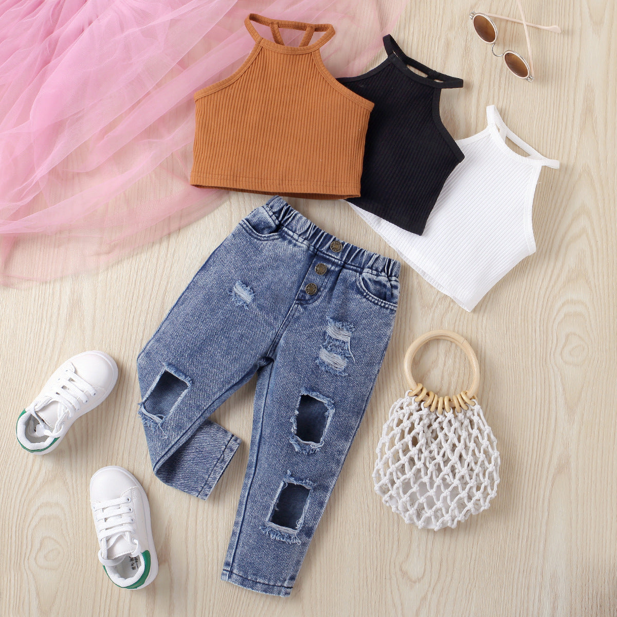 Conjunto de Dos Piezas para Niña: Jersey sin Mangas y Pantalón Vaquero