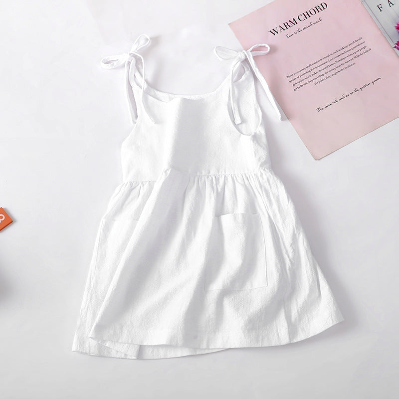 Vestido de Verano para Niña de Algodón y Lino con Bolsillo Lateral — Color Liso