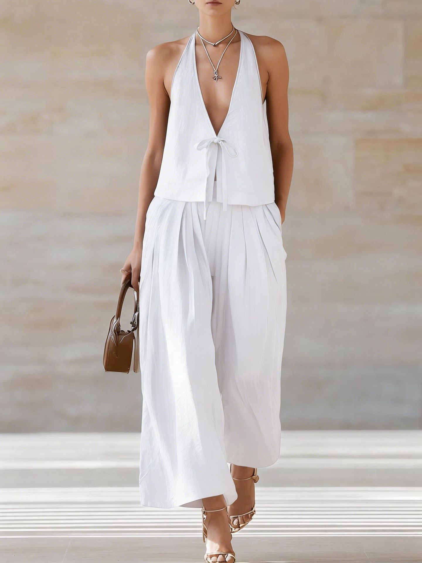 Conjunto de mujer moderno e informal compuesto por chaleco sin mangas y pantalones anchos holgados.
