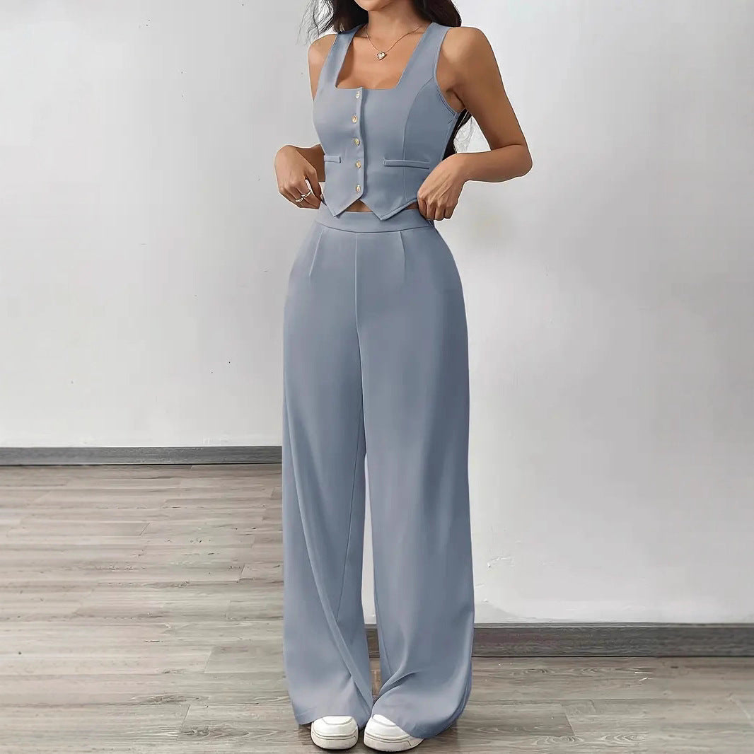 Conjunto Top Ajustado y Pantalón de Pierna Ancha de Talle Alto para Mujer