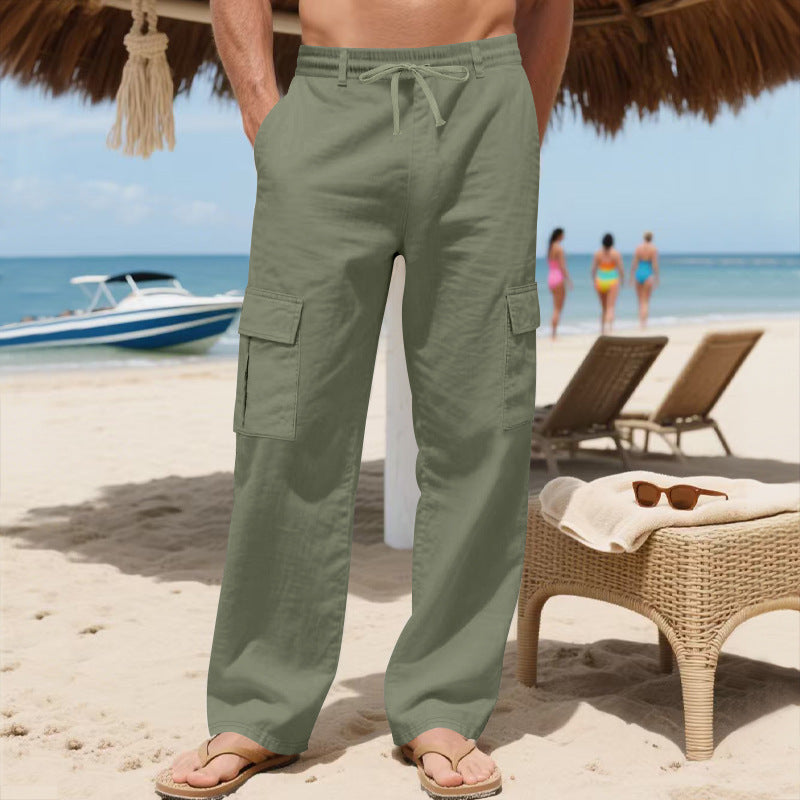 Pantalones de lino para hombre con cordón ajustable, múltiples bolsillos y pierna recta, ideales para el verano