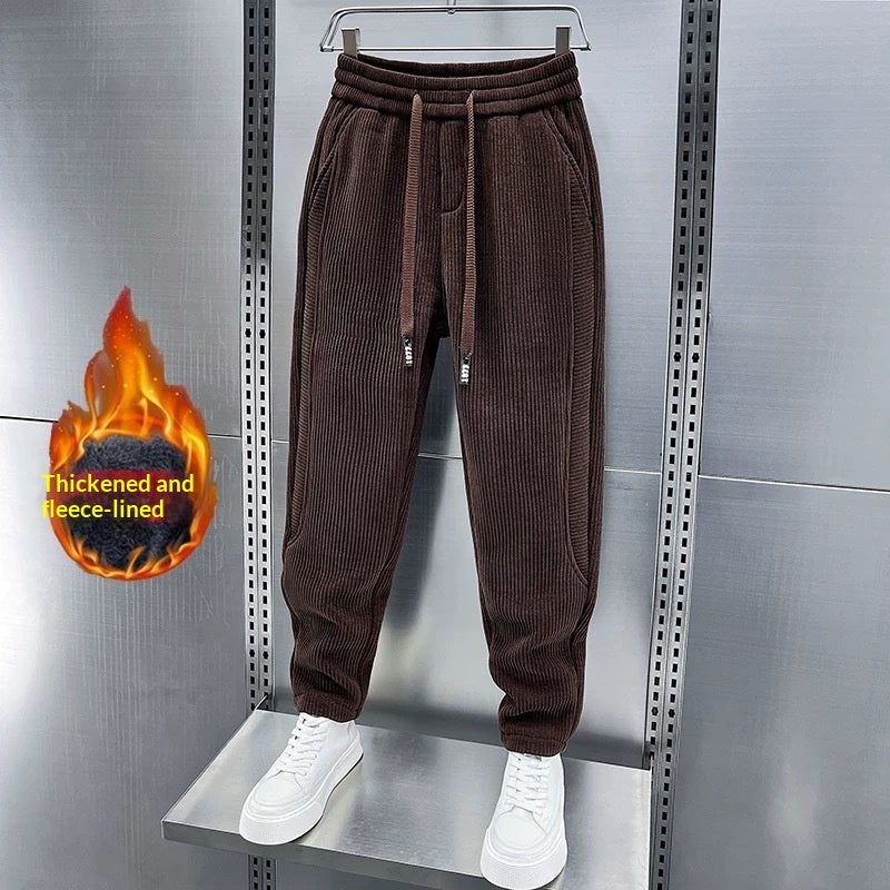 Pantalones casuales de invierno para hombre, de pana gruesa con forro polar.