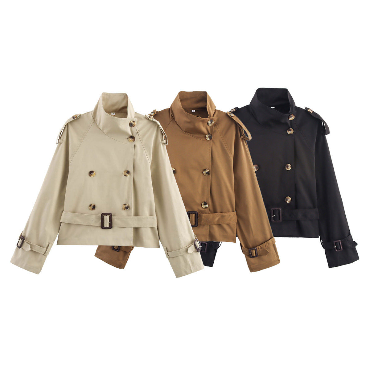 Gabardina corta para mujer con cuello de solapa y detalle de hebilla de cinturón.