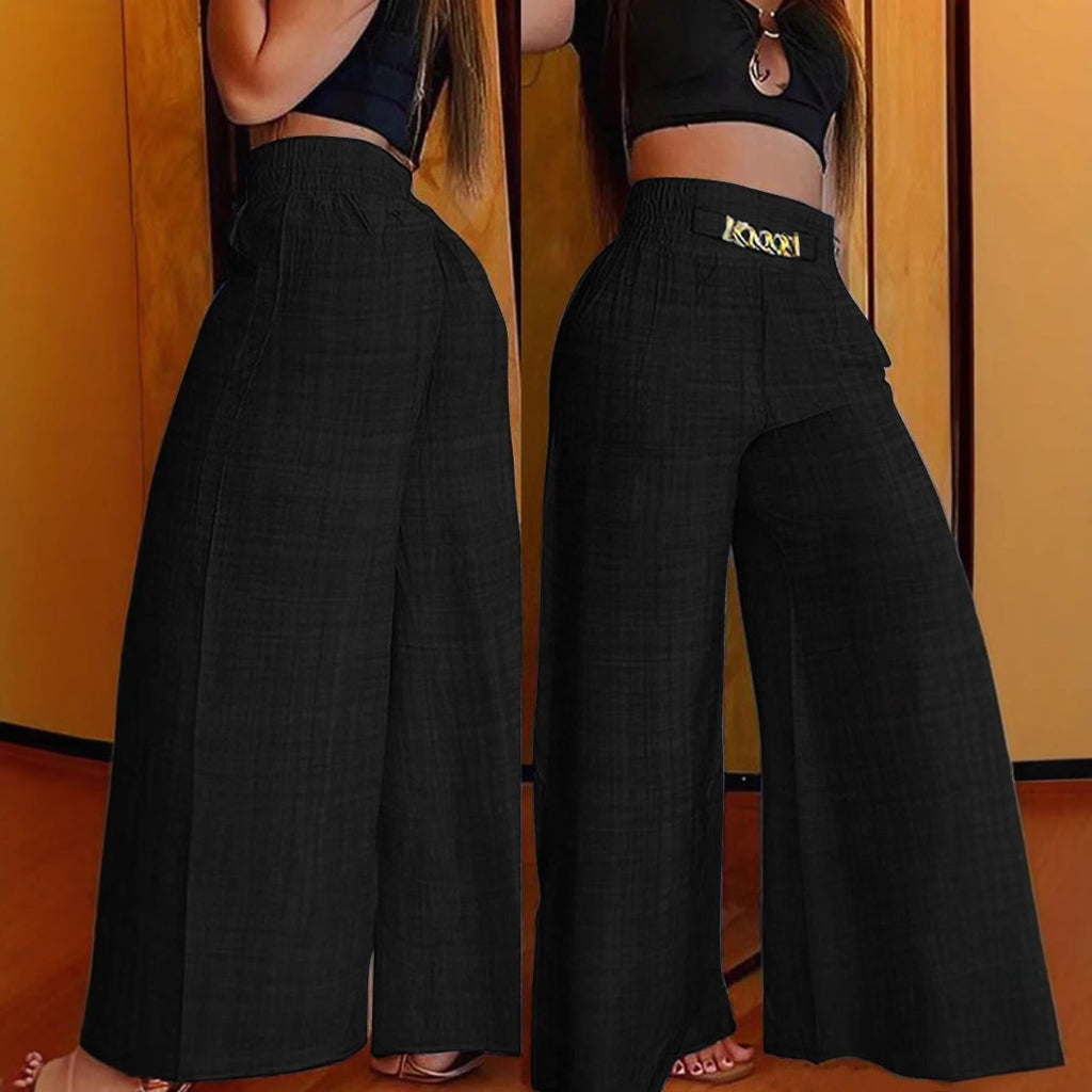 Pantalones largos de pierna ancha elásticos con caída retro y cintura alta