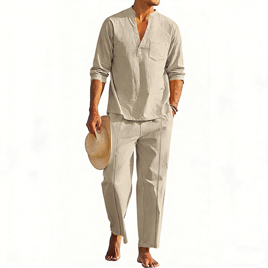 Conjunto informal de pantalón recto y camiseta Henley de manga larga para hombre