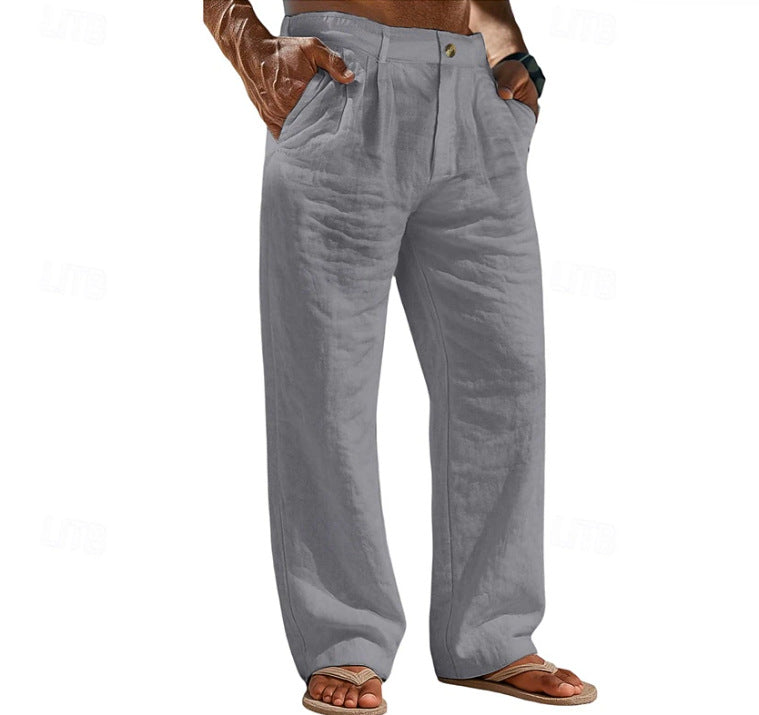 Pantalones de lino cómodos para vacaciones con bolsillos abotonados