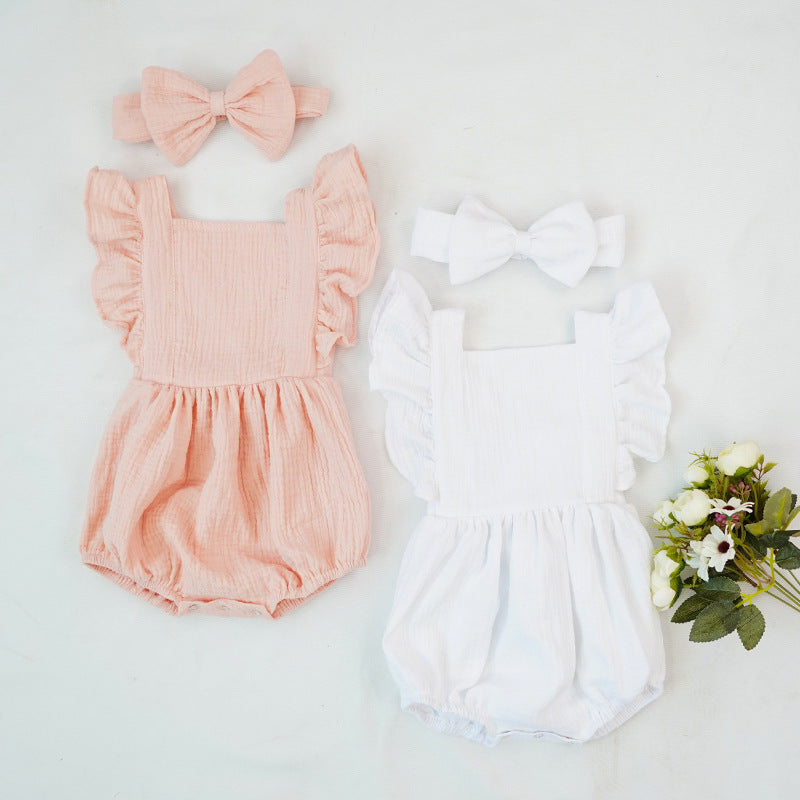 Girls' short-sleeved romper with ruffles and matching bow