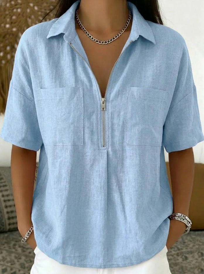 Camisa Informal Manga Corta Cuello V Cremallera Holgada para Mujer