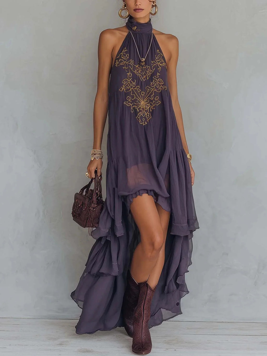Vestido Maxi sin Mangas con Cuello Alto y Bordado Morado