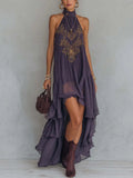Vestido Maxi sin Mangas con Cuello Alto y Bordado Morado
