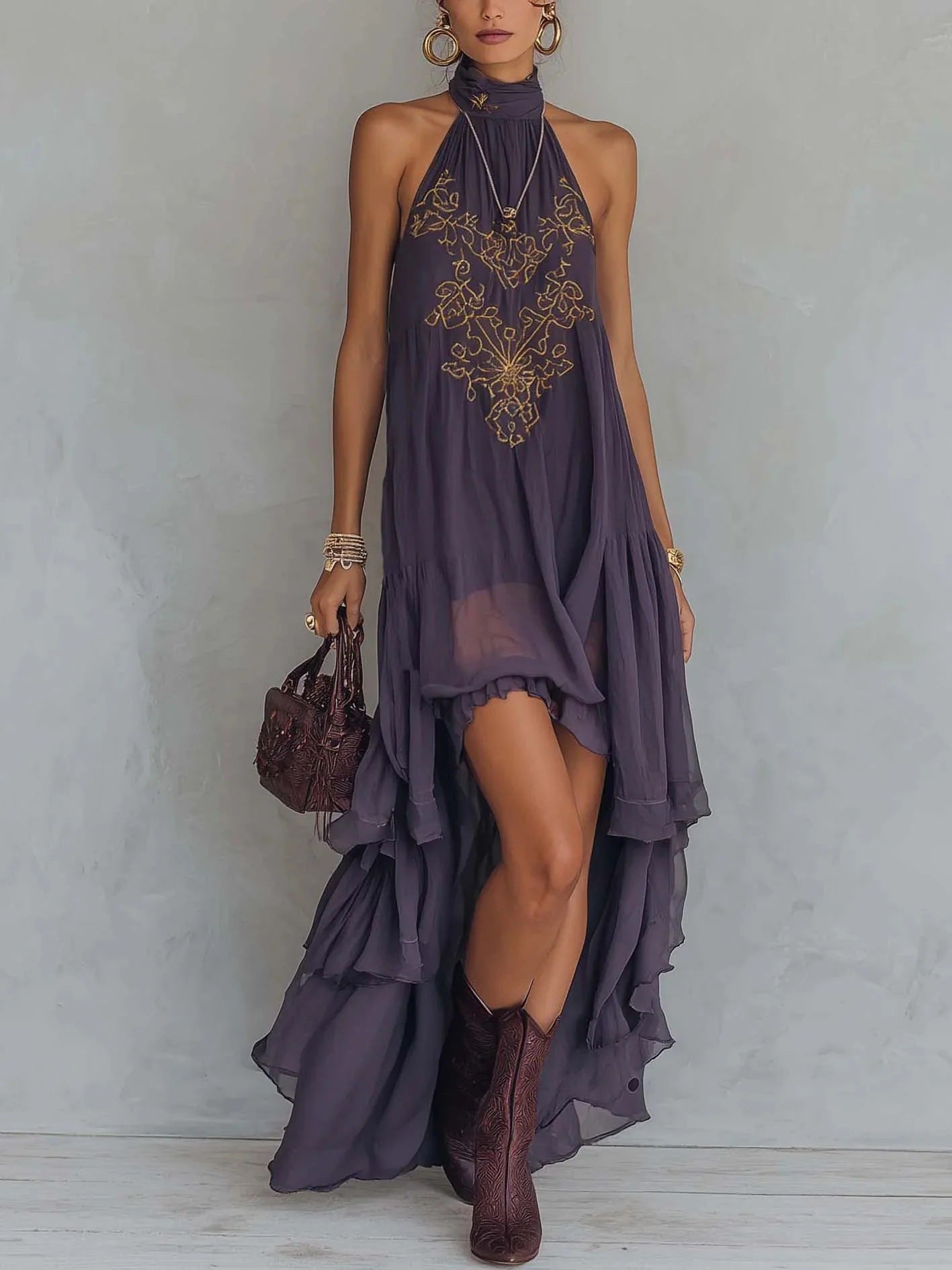 Vestido Maxi sin Mangas con Cuello Alto y Bordado Morado