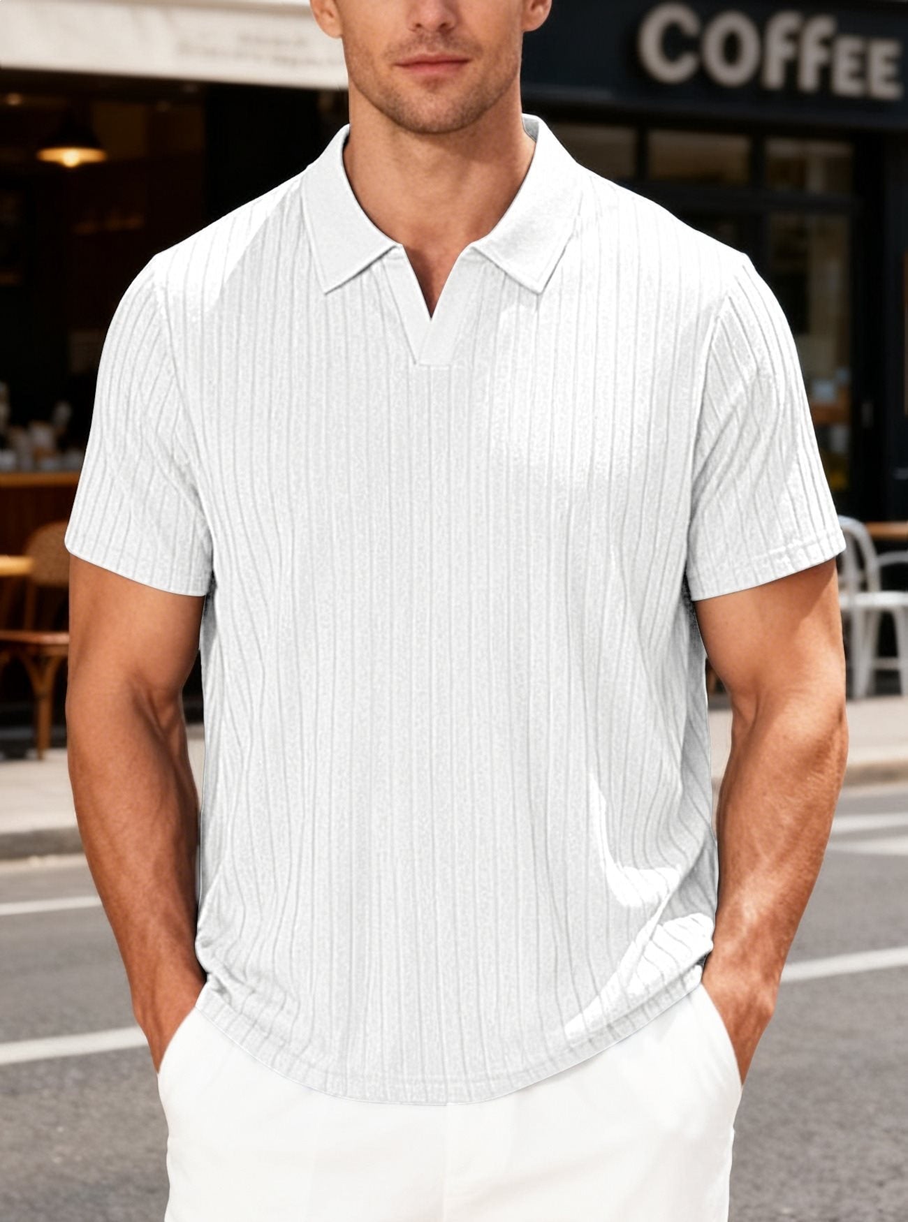 Camisa informal de manga corta a rayas con solapa de jacquard y tejido tipo toalla para hombre