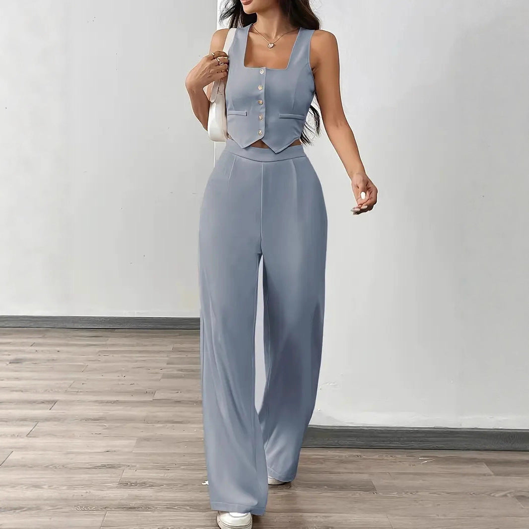 Conjunto Top Ajustado y Pantalón de Pierna Ancha de Talle Alto para Mujer