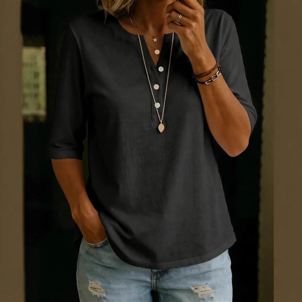 Camisa de manga corta con botones, de algodón liso para mujer.
