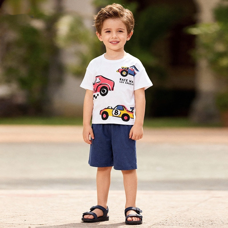 Conjunto informal de verano para niños con estampado de coche de dibujos animados