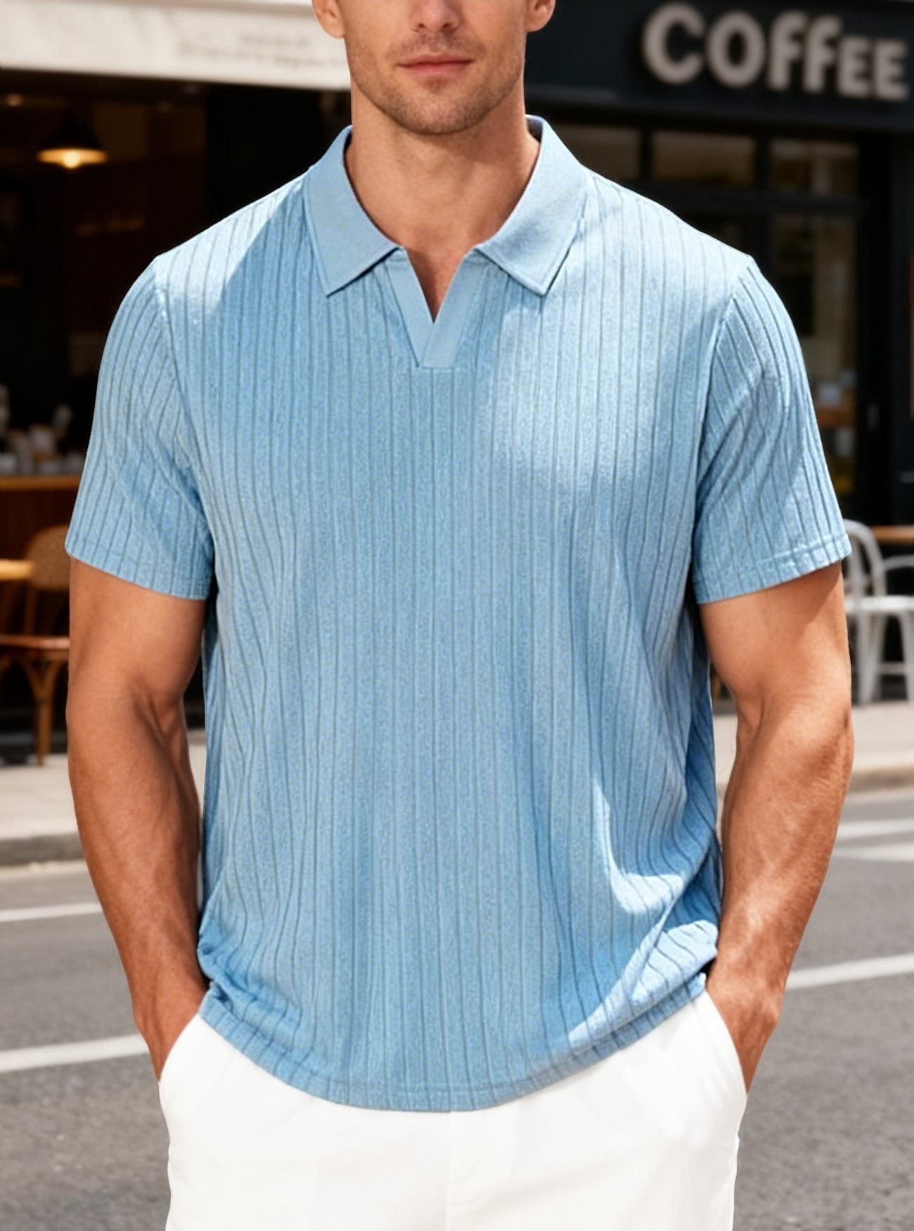 Camisa informal de manga corta a rayas con solapa de jacquard y tejido tipo toalla para hombre