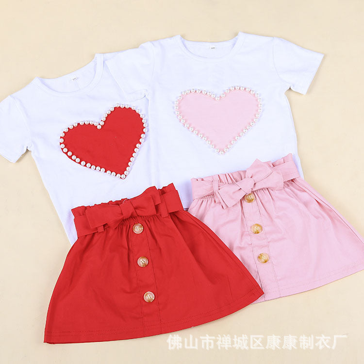 Girl's summer outfit white short-sleeve skirt with bow and pearls