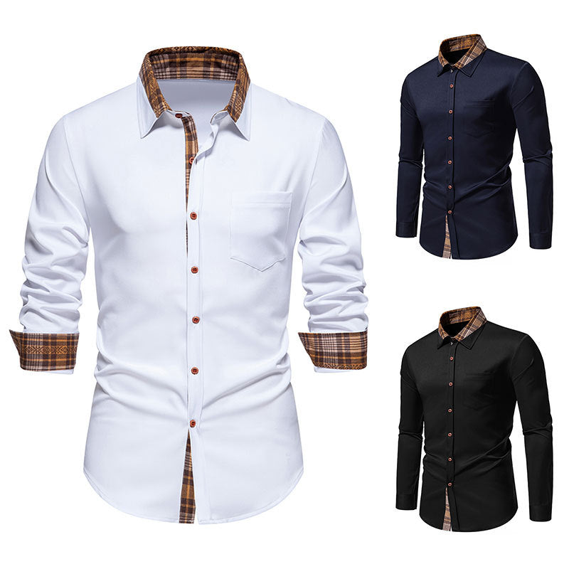 Camisa de manga larga para hombre con estampado de cuadros y costuras en contraste.