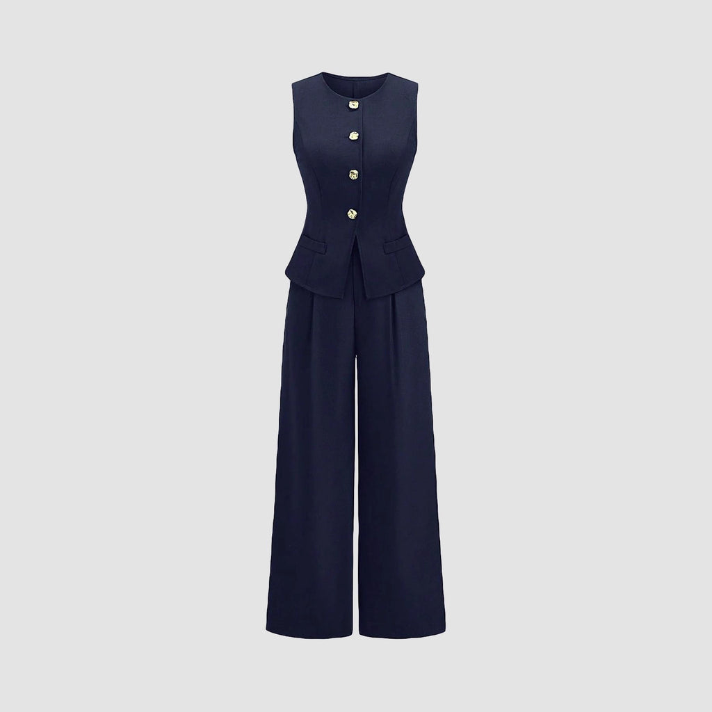 Conjunto de dos piezas informal de mujer, de talle alto y pierna ancha.