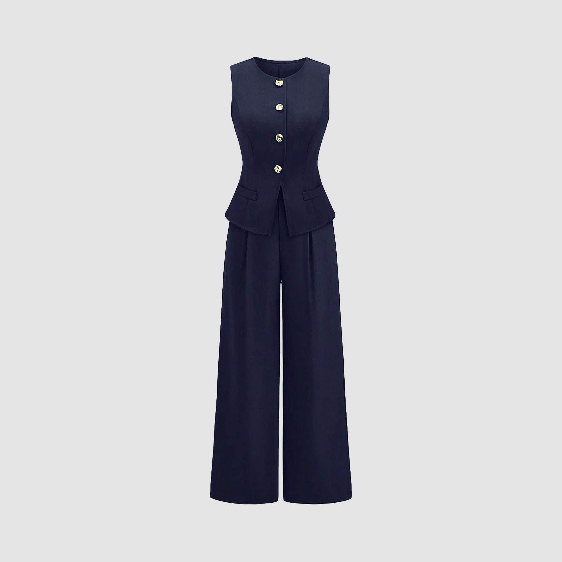 Conjunto de dos piezas informal de mujer, de talle alto y pierna ancha.