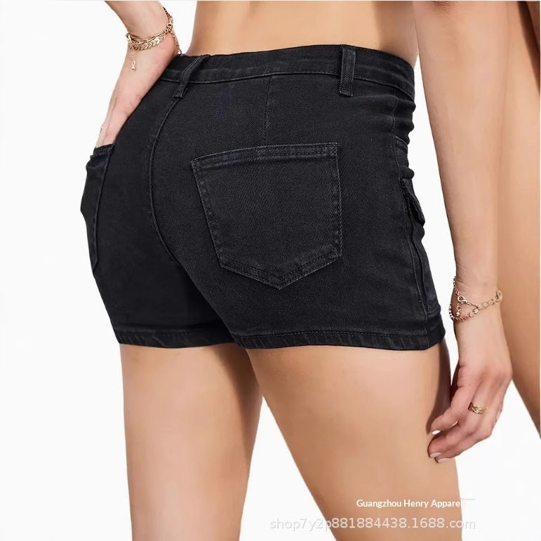 Pantalones cortos vaqueros elásticos multibolsillos para mujer