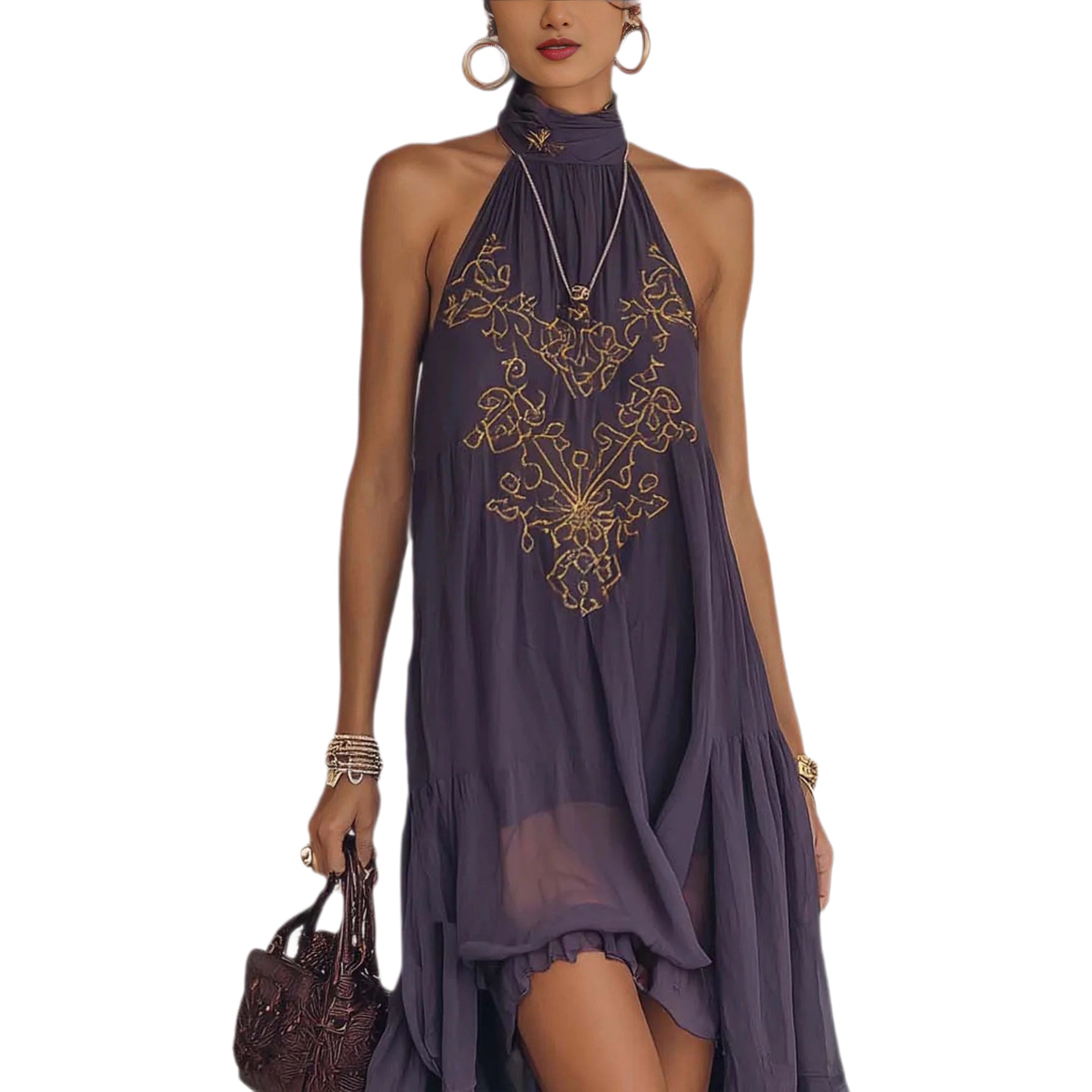 Vestido Maxi sin Mangas con Cuello Alto y Bordado Morado