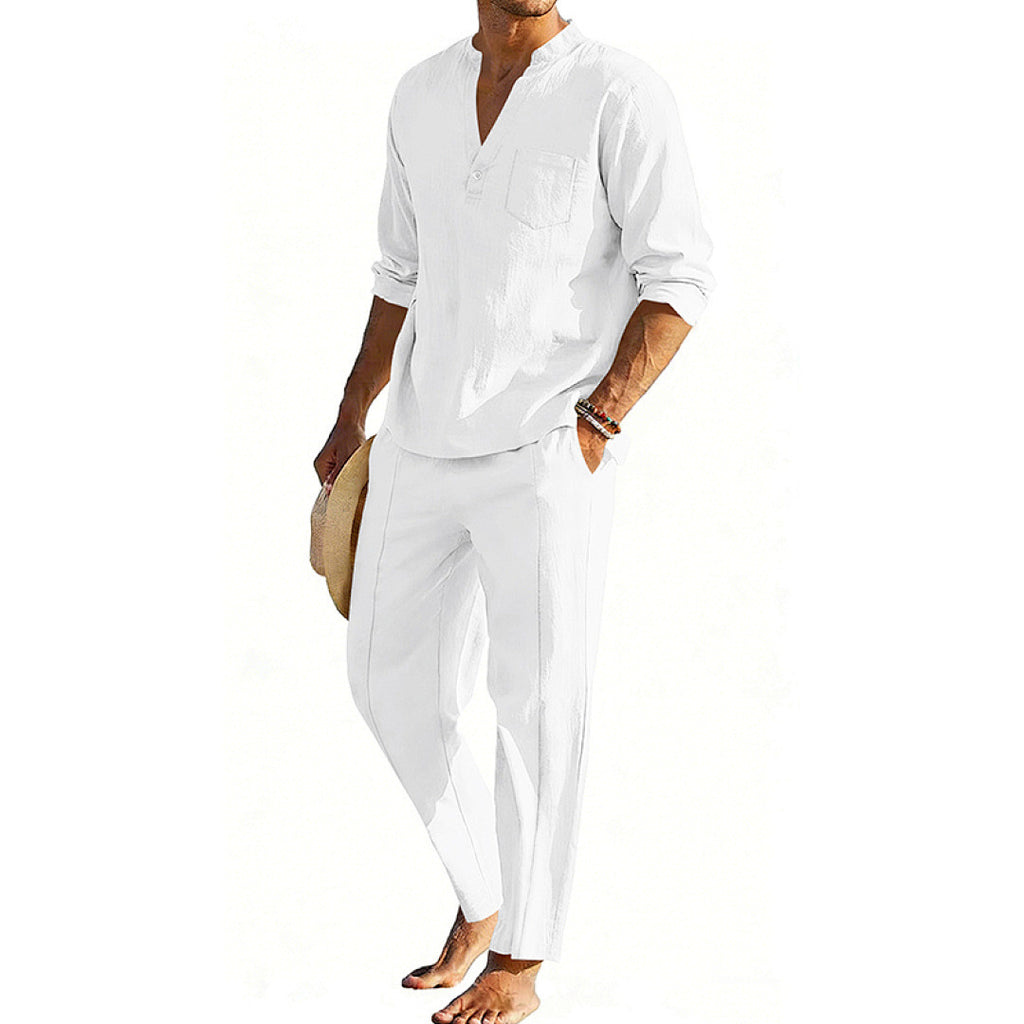 Conjunto informal de pantalón recto y camiseta Henley de manga larga para hombre