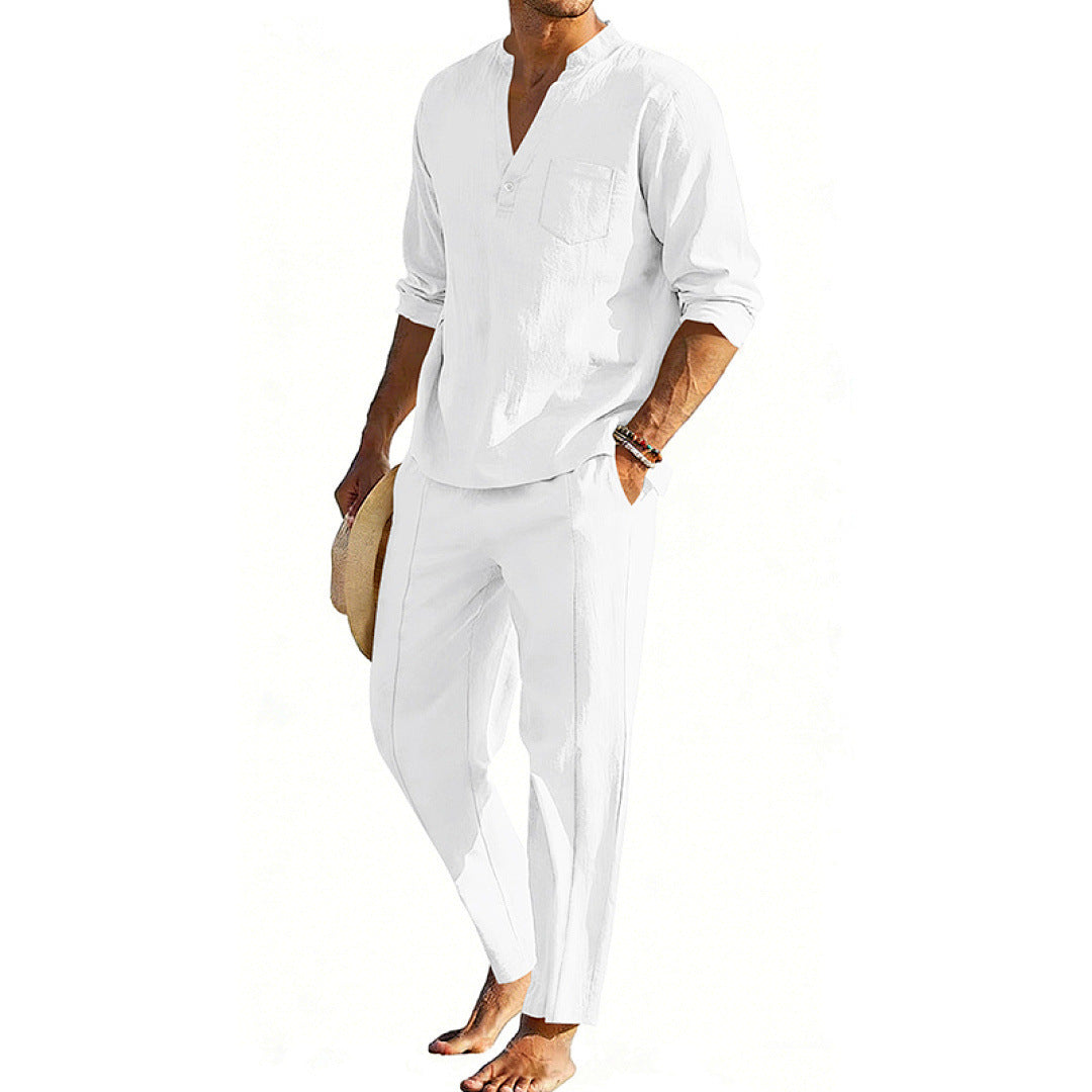 Conjunto informal de pantalón recto y camiseta Henley de manga larga para hombre