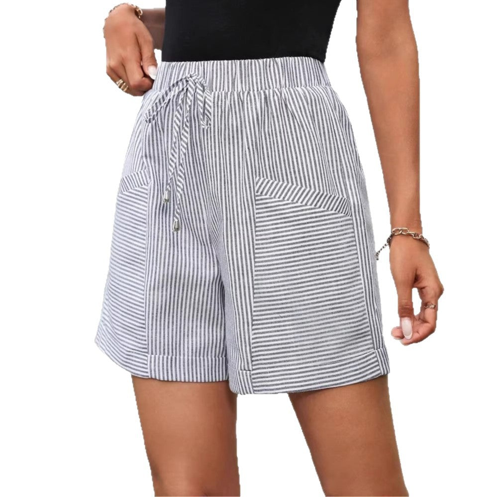 Pantalones cortos casuales de mujer con cintura elástica y rayas