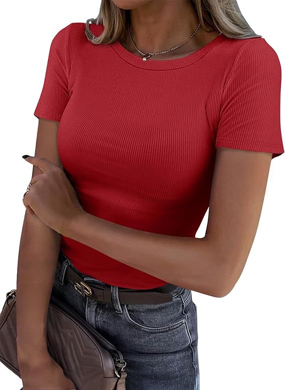 Camiseta de Manga Larga Elástica Cuello Redondo Acanalada para Mujer