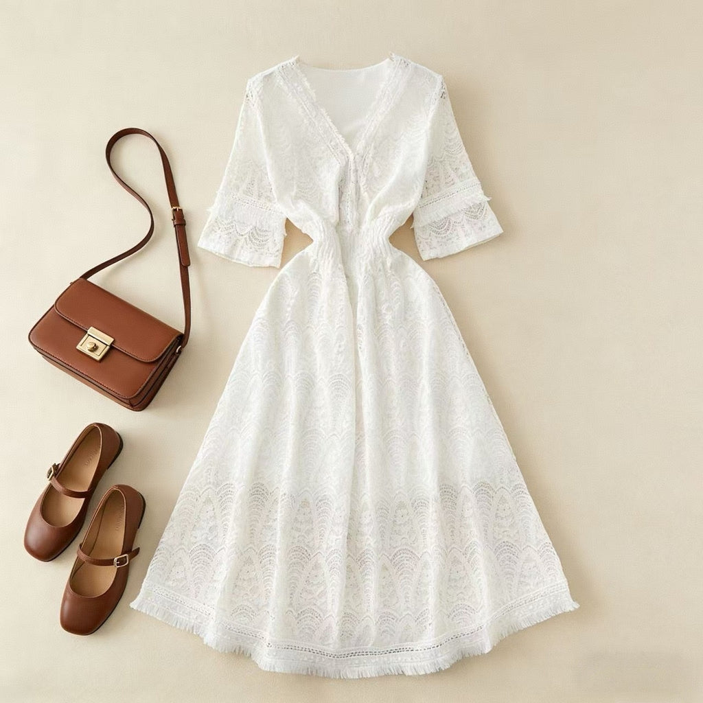 Vestido Blanco de Encaje Cintura Alta Mujer